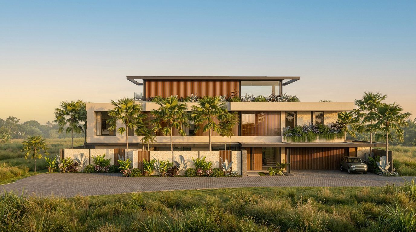 Ulu Art Bay villa exterior at golden hour